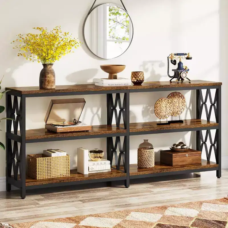 Lantine 70.9-Inch Console Table with Storage, Industrial 3-Tier Sofa Table for Living Room, Entryway Table for Hallway, Rustic Brown & Black