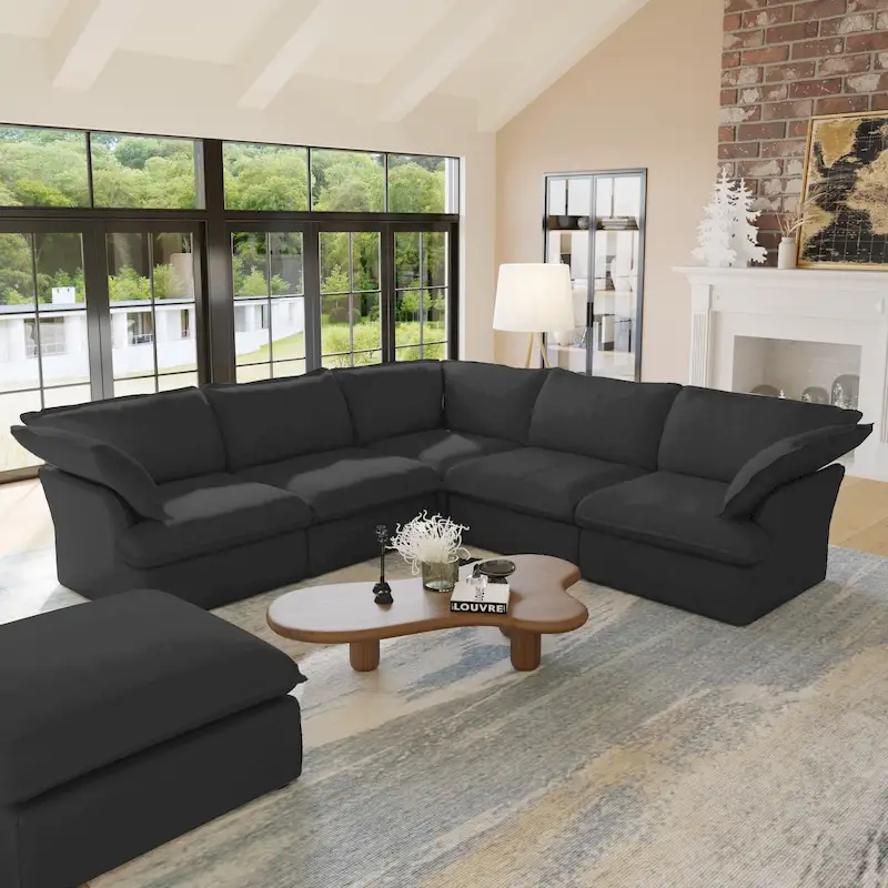L-shape Linen Sofa Modern Upholstered Sectional Sofa with Ottoman
