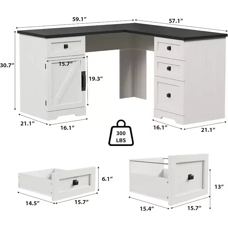 White L-Shaped Executive Desk, Farmhouse Home Office Corner Computer Desk with File Drawers & Storage Cabinet