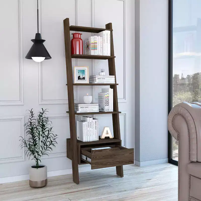 5-Shelf Ladder Bookcase with Drawer