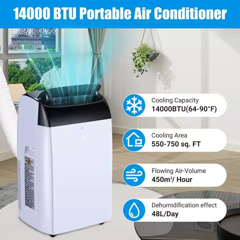 14000 BTU Portable Air Conditioner Cools up to 750 Sq.Ft, 3-in-1 Quiet Portable AC Unit with Remote Control & Installation Kits