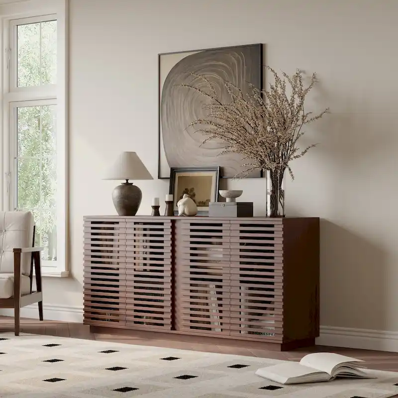 Hollow Cabinet Door Large Storage Cabinet For Living Room,Dining Room,Bedroom,Hall,Rosewood Oak,59.92W X 15.75D X 29.53H
