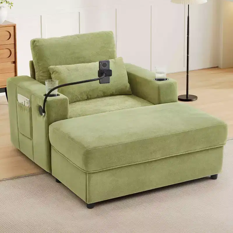 MAYEERTY Modern Style Armhair 42.5 Chaise Lounge Sofa with Movable Storage Ottoman Ports Two Cup Holders Side Pockets for Living Room Green