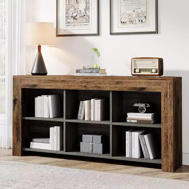 Lantine Horizontal Bookcase, 6 Cube Storage Organizer Long Bookshelf, Wide Cubby console table for Home Office, Living Room