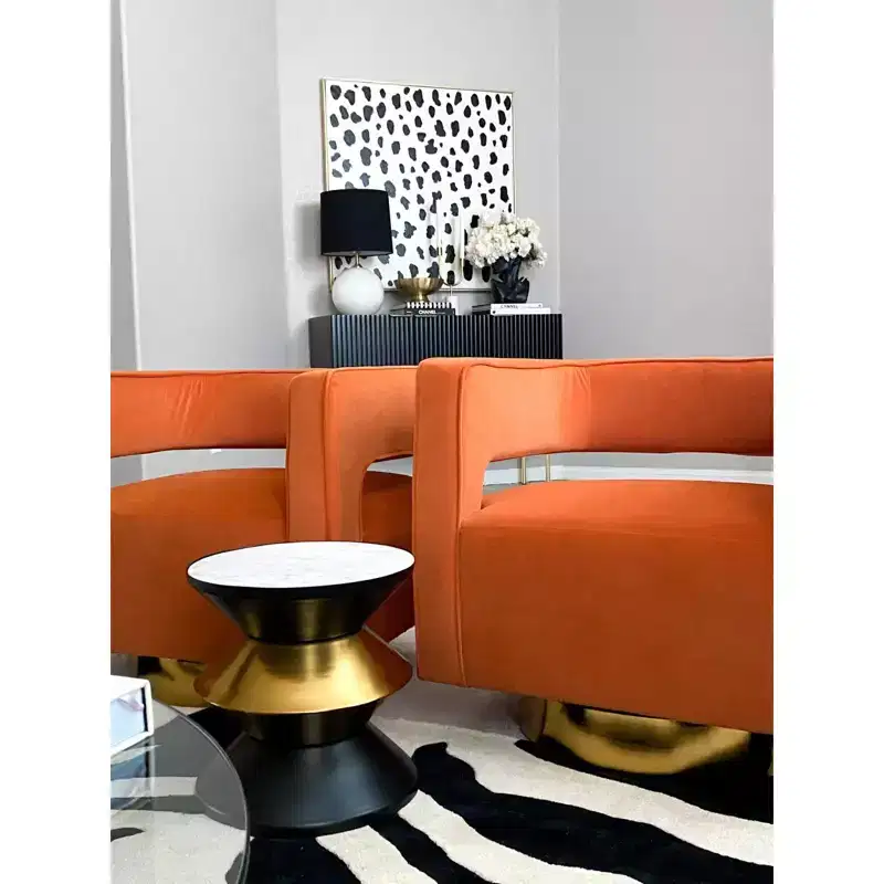 Round Stone Top Side Table with Black & Gold Hourglass Base, Modern Sculpture Accent