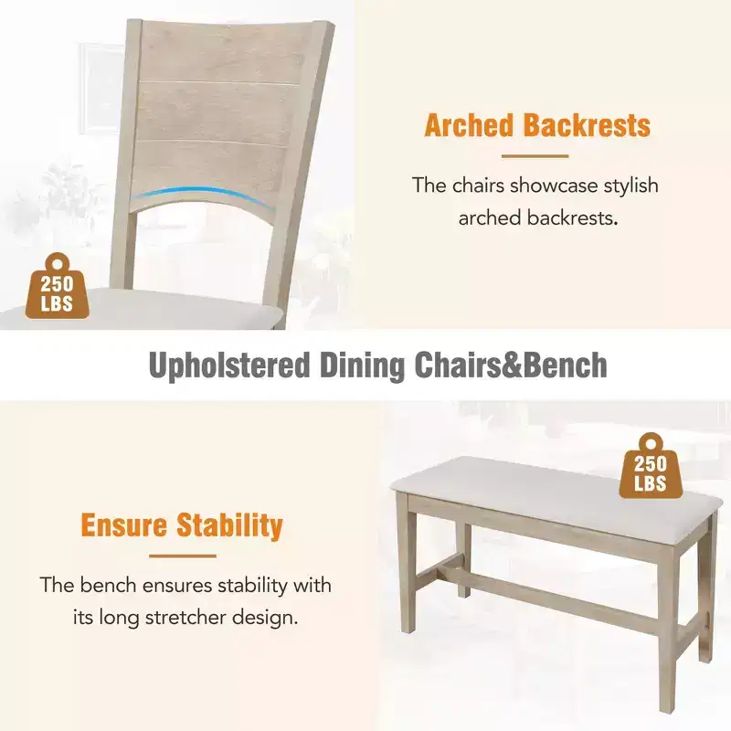 GDFStudio Timo 6 Piece Rubbewood Dinnig Set with Half Round Dining Table, Bench and 4 Chairs