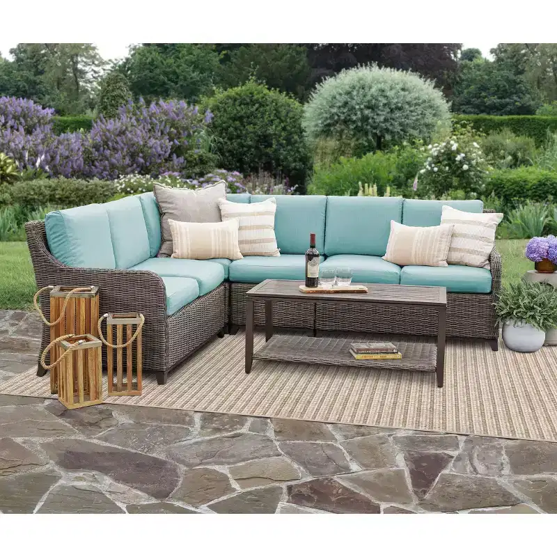 Leisure Made Mitchell 5pc Wicker Sectional in Spa Blue Fabric