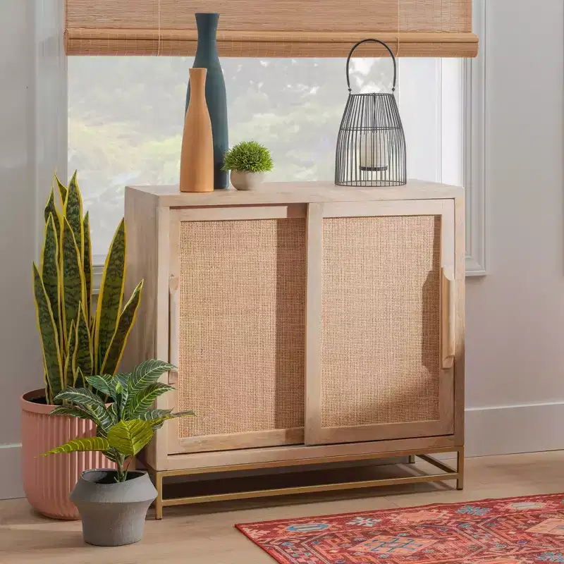 Gordon Transitional Sliding Natural Cane Door Cabinet with 1 Shelf and Gold Metal Base - Powell