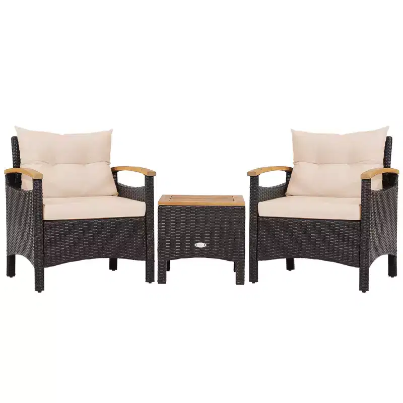 Costway 3PCS Patio Rattan Furniture Set Wooden Armrest Table Top Cushioned Deck Beige/Navy/Off White