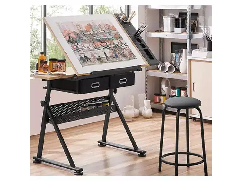 Height Adjustable Drafting Table with Stool and Storage Drawers