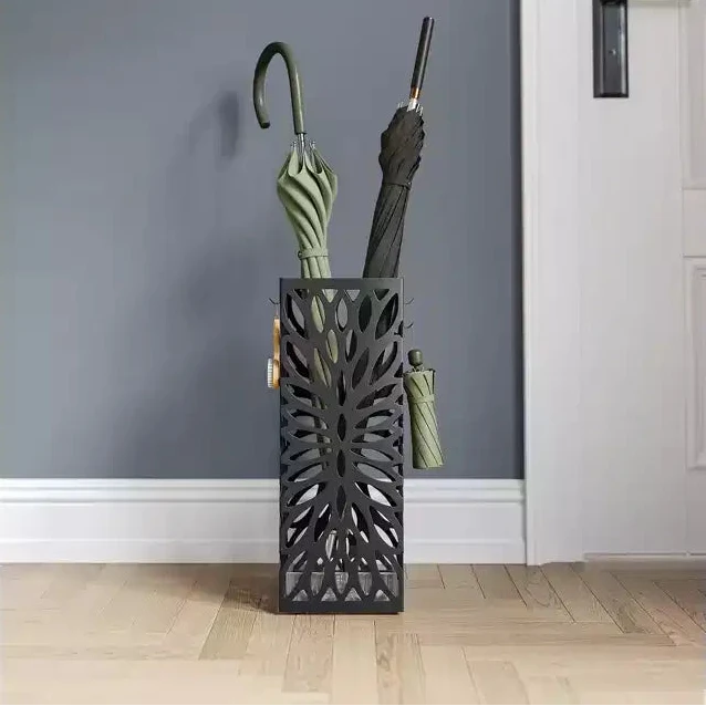 Steel Umbrella Stand with Drip Tray, Freestanding Umbrella Holder with 4 Hooks for Entryway, Organizer for Canes Walking Sticks, Black