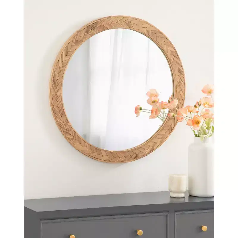 Solid Wood Chevron Round Wall Mirror, 24