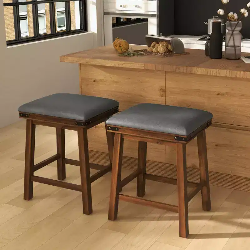 Costway 24'' Dining Bar Stool Set of 2 Counter Height Padded Seat Wood Frame Kitchen Brown/White
