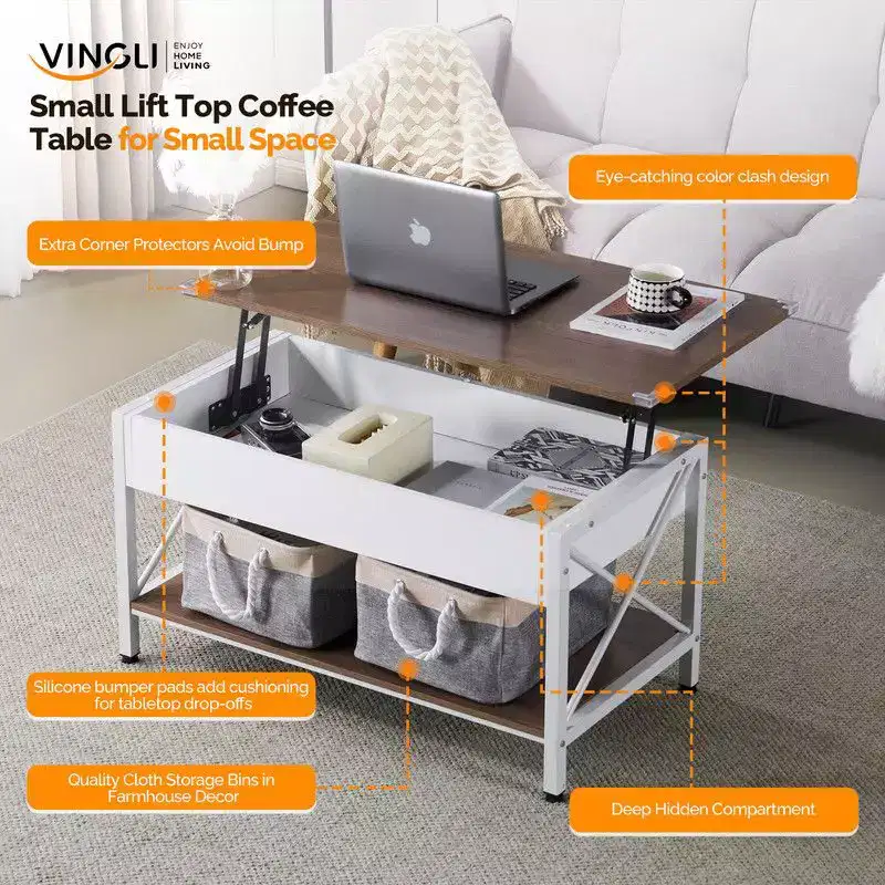 Adjustable Side X-shaped Metal Frame Rectangular P2 Board Brown Panel White Wood Grain Side Panel Coffee Table