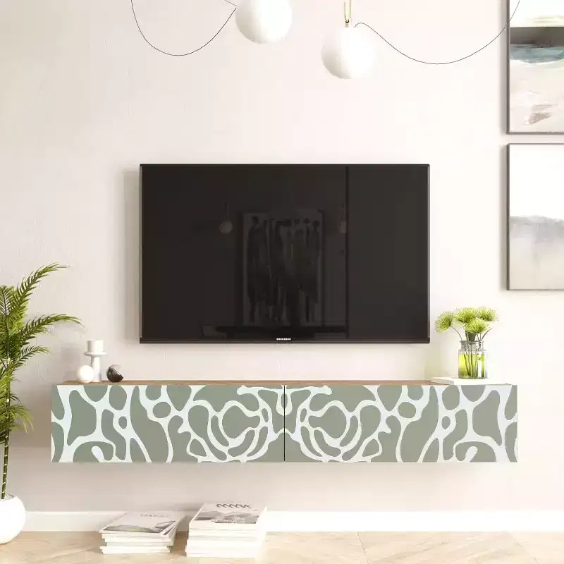 HomeStock Future TV Unit Maze Pine-White UV Print 70 inches Floating Entertainment Center Console with Storage Shelves & Doors