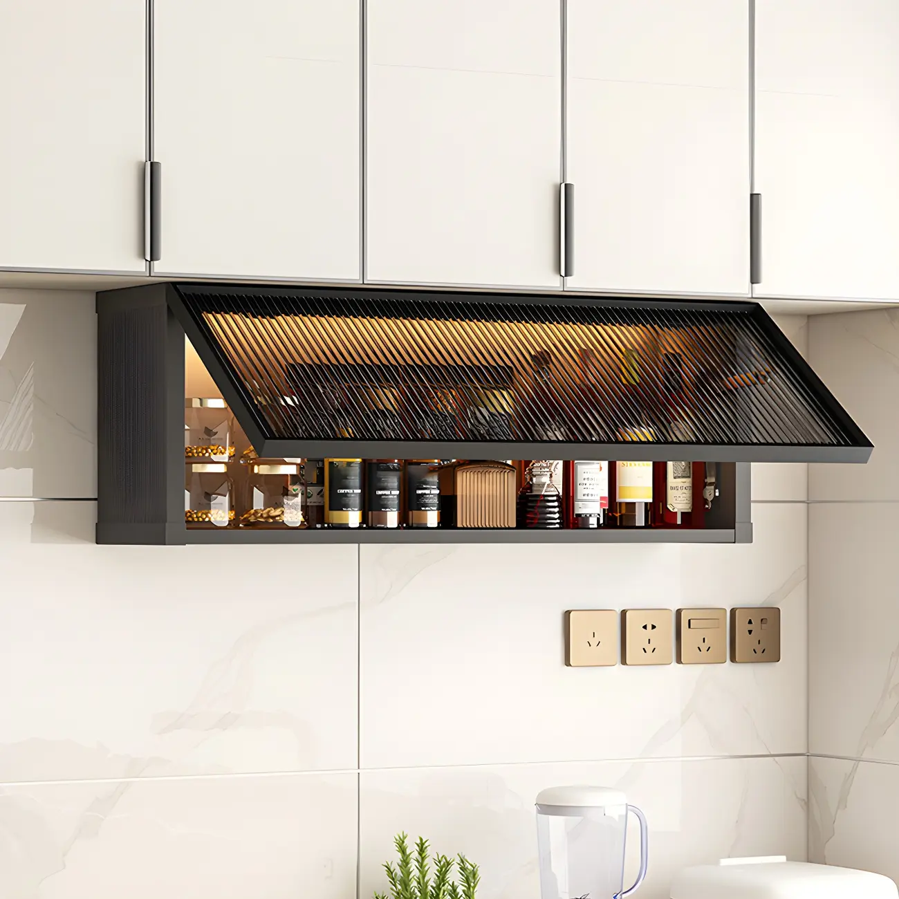 Grey Metal Floating Mounted Glass Kitchen China Cabinet