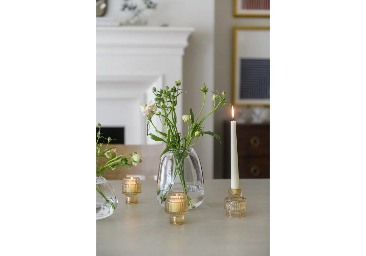 Vintage Glass Candle Holder with Ribbed Textured Form for Dining Room & Living Room