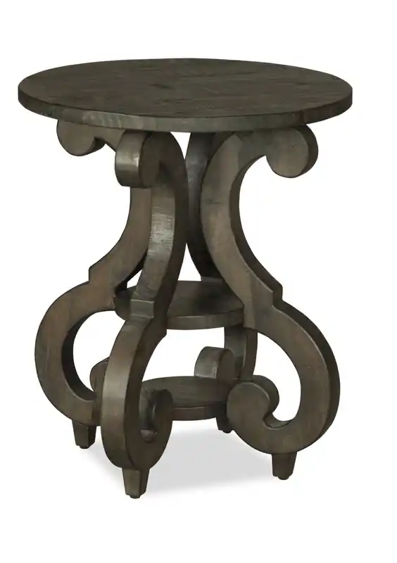22 Traditional Round End Table with Shelf - Dark Brown Pine with Scroll Design Wood Base