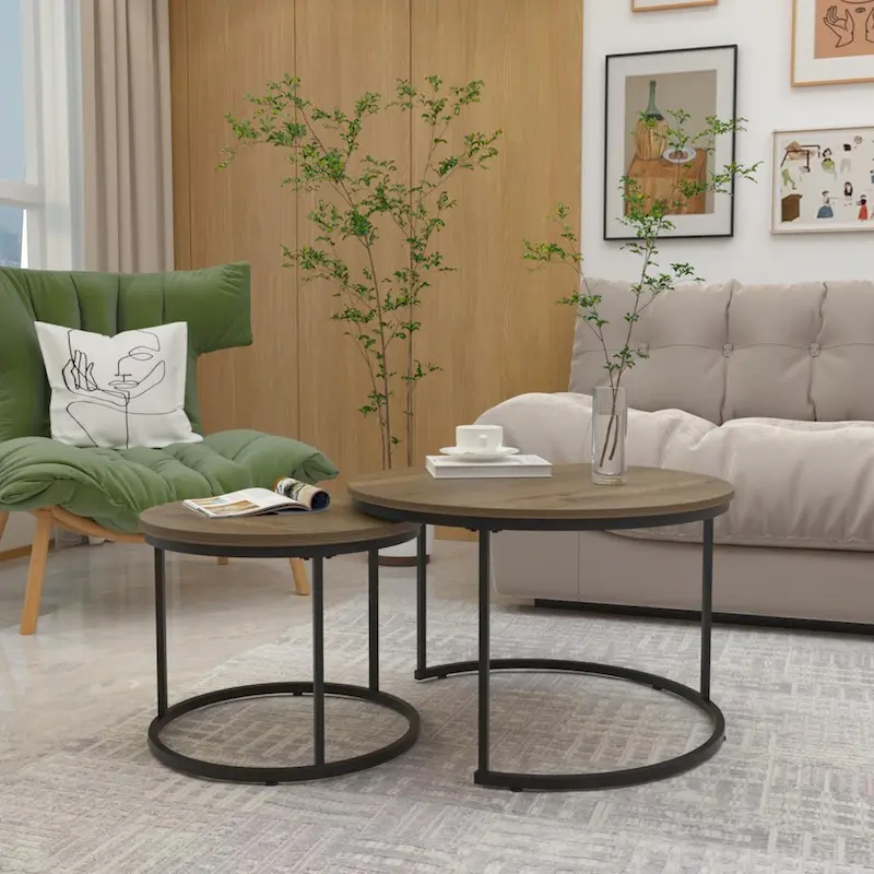 Nesting Coffee Table Set of 2, 27.6inch Round Coffee Table Wood Finish with Sturdy Metal Frame,End Table Side Tables