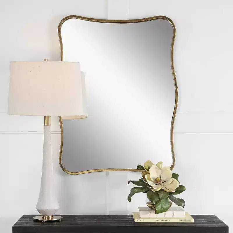 Antiqued Gold Curvy Vanity Wall Mirror, 28x36 – Iron Frame, Non-Beveled Glass