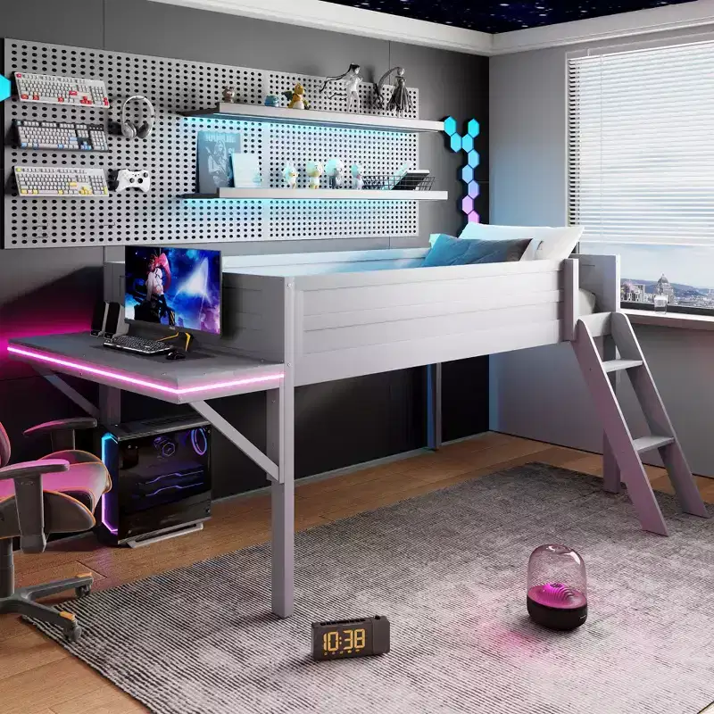 Twin/Full Size Gaming Loft Bed, Wood Bed Frame with Desk and LED, Gray - ModernLuxe