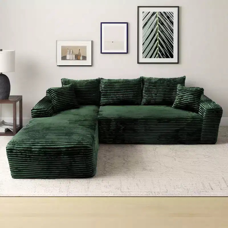 MooxvMoo 107.5 Modular Sectional Sofa, L-Shaped Boneless Couch with Deep Seat, Throw Pillow, Left Chaise for Living Room, Green