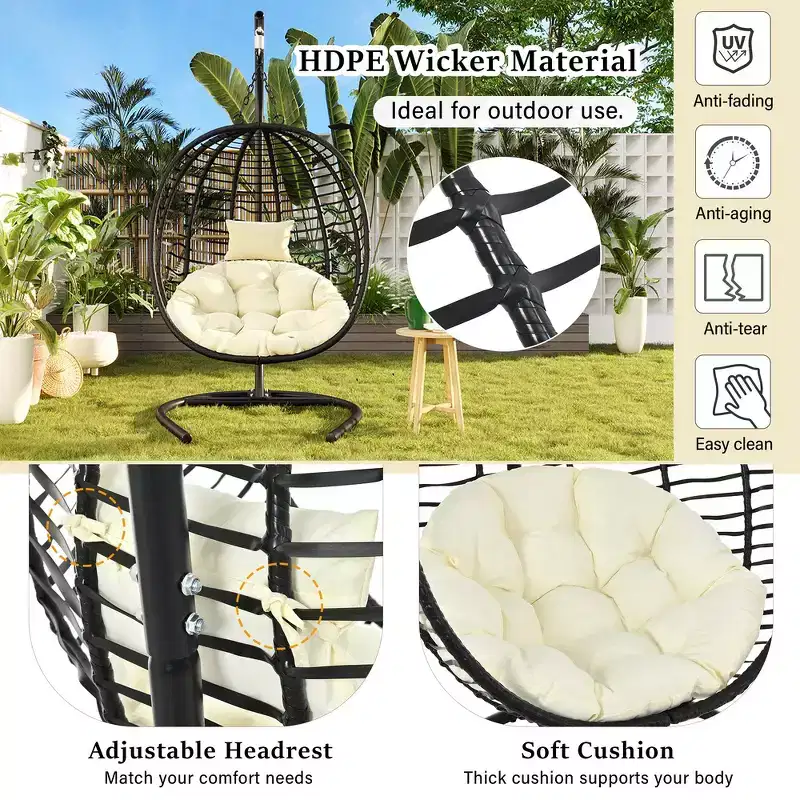 Whisen Single Person Folding Egg Chair with Stand, Hammock Swing Chair with Adjustable Anti-Slip Feet