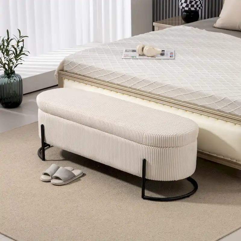 Corduroy Upholstered Storage Ottoman Bench with Safety Hinge and Metal Legs, Bedroom or Entryway