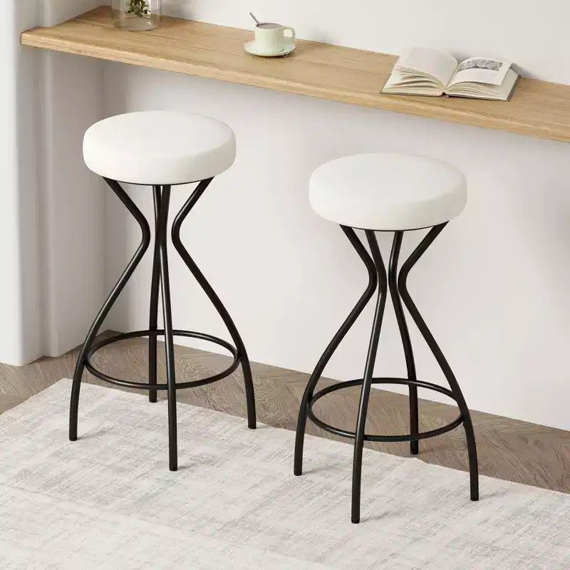 Backless Bar Stools Set of 2, Counter Height with Round Velvet Padded Seat, Boho Style for Kitchen Island