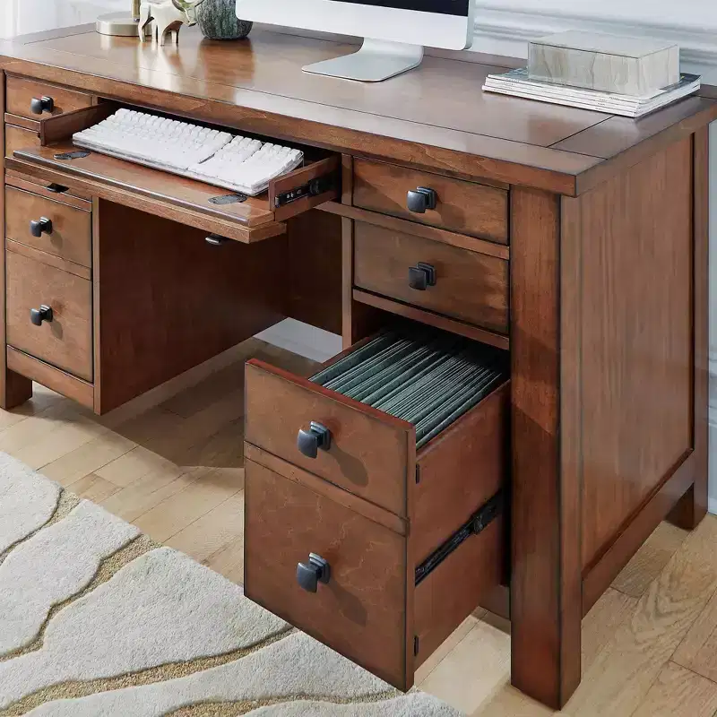 Tahoe Executive Pedestal Desk - Aged Maple - Home Styles: Hardwood, Mid-Century Modern Office Furniture