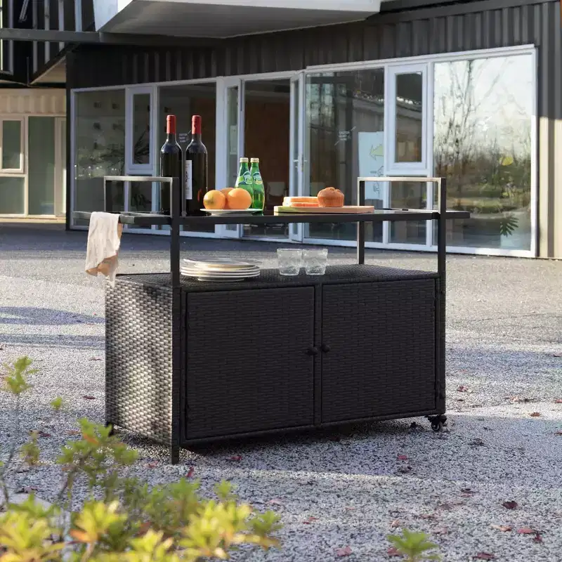 NAYSAYE Bar Serving Cart Outdoor Wicker Wine and Beverage Counter with Glass Tabletop for Patio , Black, 51.18*19.69*35.43