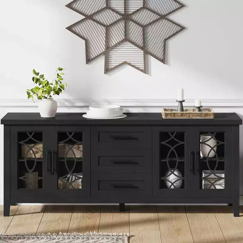 Farmhouse TV Stand for 75 Inch TVs, Wooden Entertainment Center w/ 3 Drawers & 2 Glass-Front Cabinets, Media Console Table for Living Room