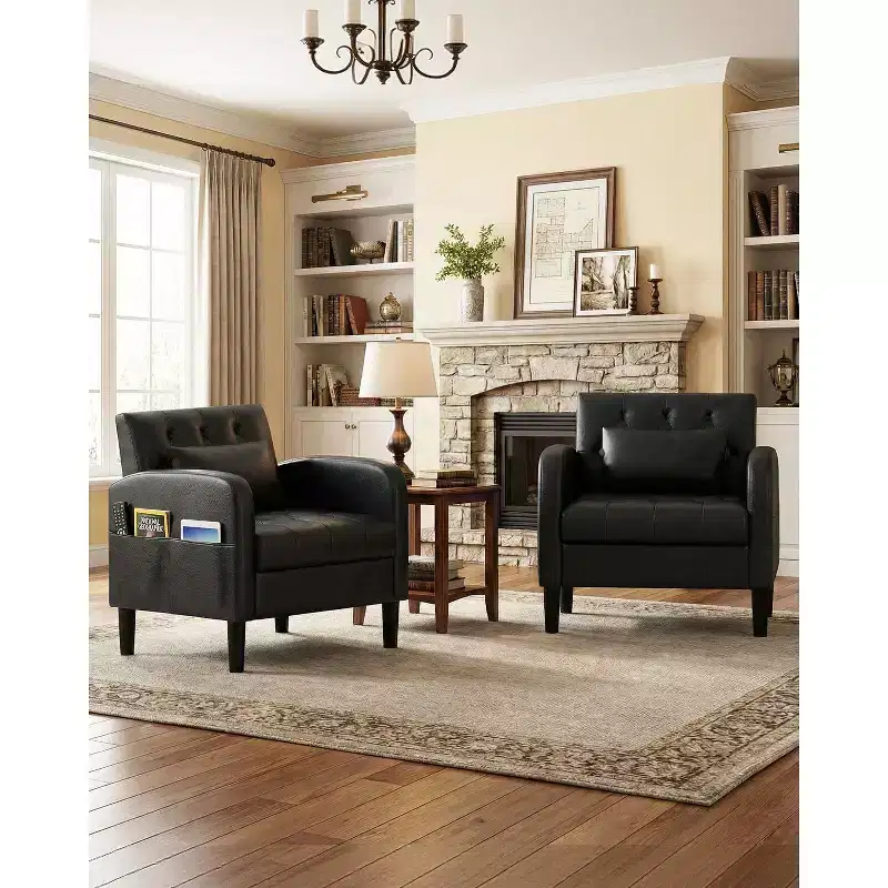 TYBOATLE Mid-Century Faux Leather Accent Chair with Hidden Storage, Tufted Armchair with Side Pockets & Lumbar Pillow for Living Room Office