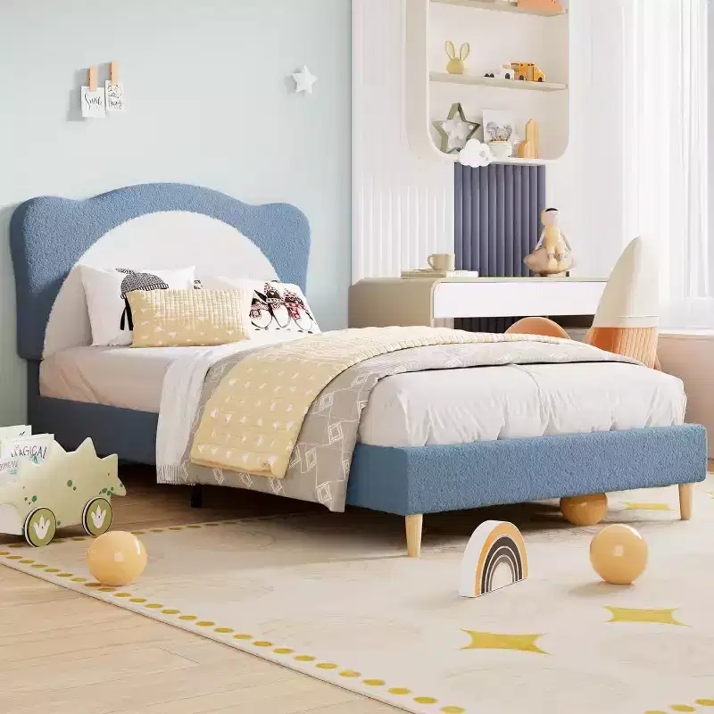 Twin/ Full Upholstered Bed Frame with Panda-Shaped Headboard, Berber Fleece Platform Bed for Girls & Boys, No Box Spring Needed, Stable Wooden Slats