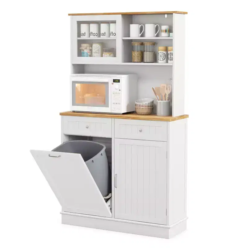 Costway Double Tilt Out Trash Cabinet w/ Hutch Kitchen Pantry Storage Cabinet White