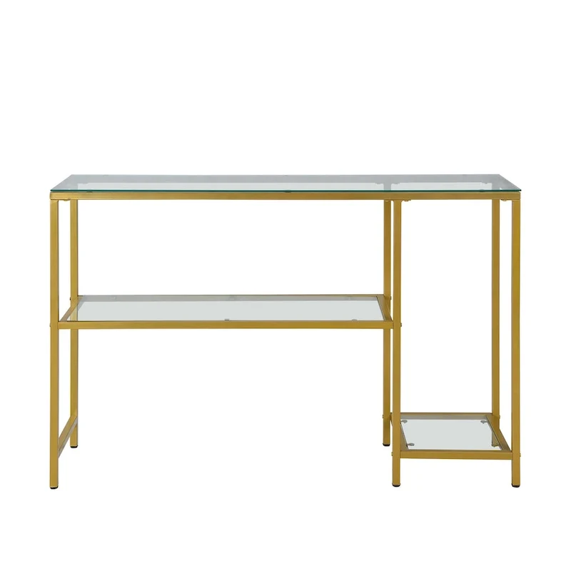 Modern Gold Metal Console Table with 2 Tempered Glass Shelves - 48W