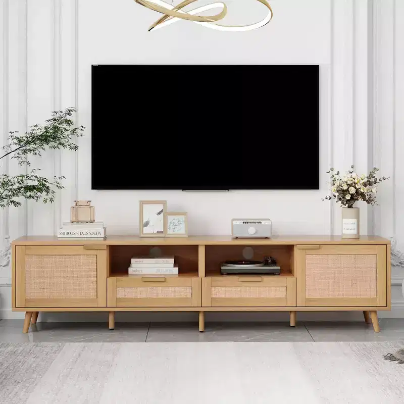 Clihome Rattan TV Stand for TVs up to 85'', Modern Farmhouse Media Console, Entertainment Center with Solid Wood Legs, TV Cabinet for Living Room