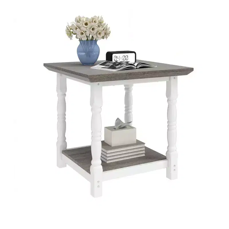 Wooden Retro Square Side Table with 2-Tier Open Shelves For Bedroom Living Room Storage Organizer, White