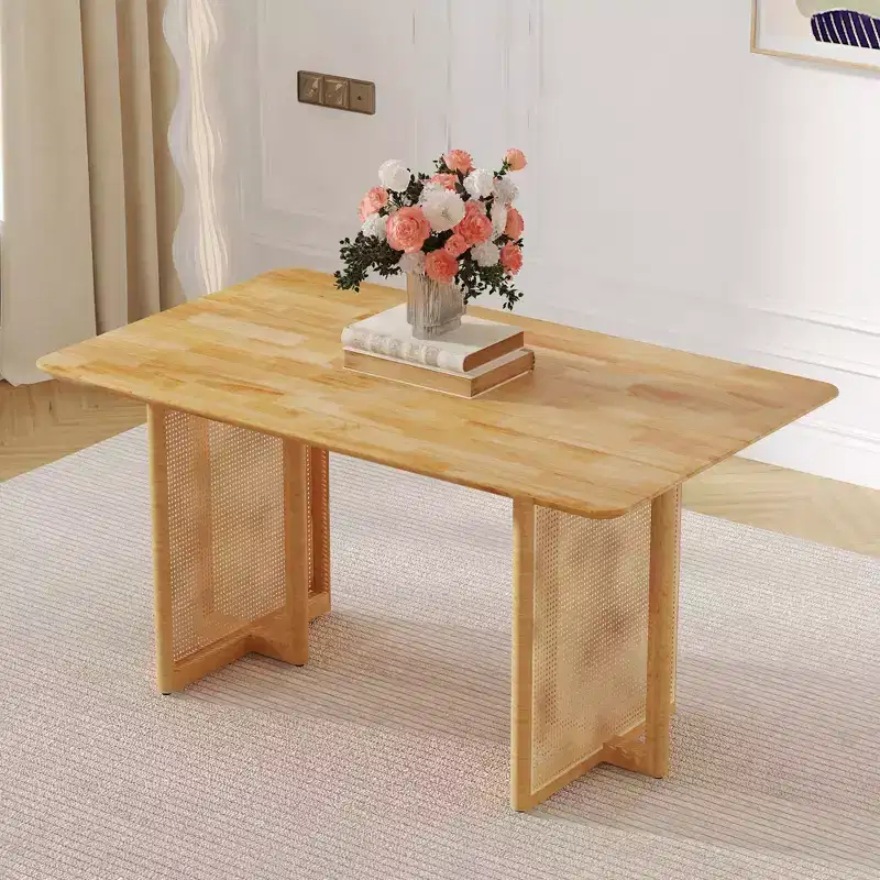 Retro Wood Dining Table, Modern Imitation Rattan Dining Table for Dining Room, Living Room, Office