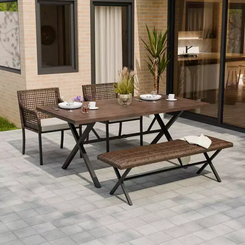 EAGLE PEAK Outdoor Dining Sets, Patio Table Set with Umbrella Hole, 2 Chairs and Bench, Brown/Beige