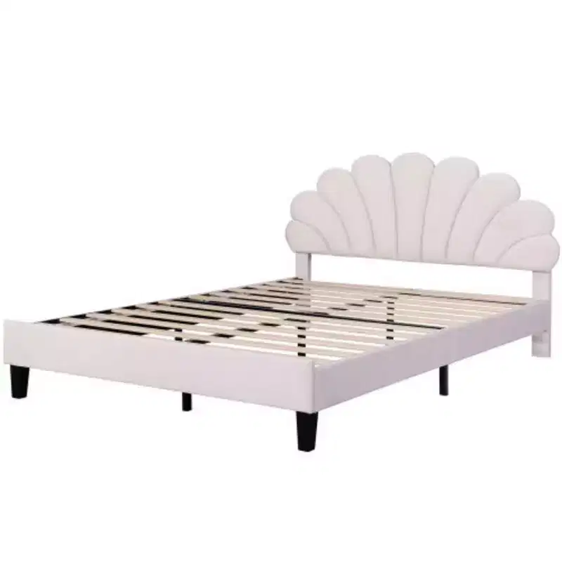 Bean Paste Red Queen-Sized Upholstered Platform Bed with Floral Velvet Headboard