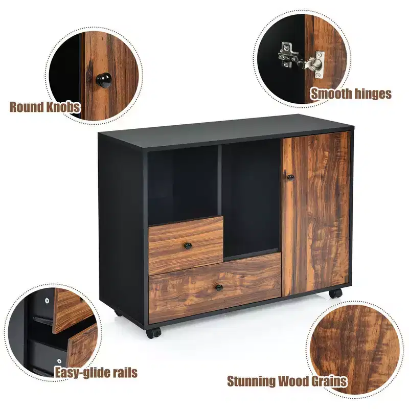 Brown & Black Rolling File Cabinet with 2 Drawers & Open Shelves, 1-Person Assembly