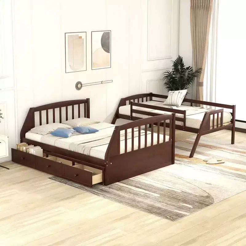 Twin-Over-Full Bunk Bed with Drawers, Ladder and Storage Staircase, Espresso