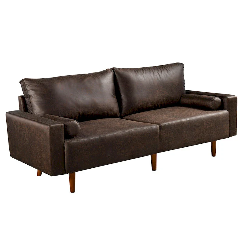 Mid-Century Modern Upholstered Sofa Couch with Rolled Pillows