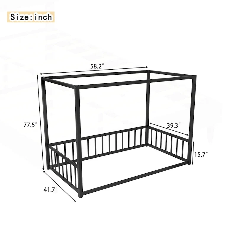 Iron House Bed Frame with Side Guardrails – Full / Queen / Twin