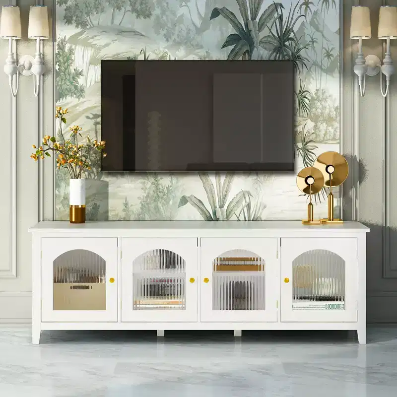 JVNOXK 71-inch Fashion Entertainment Center TV Stand Solid wood frame, tempered glass doors, metal handles, vintage white finish Ideal for children's