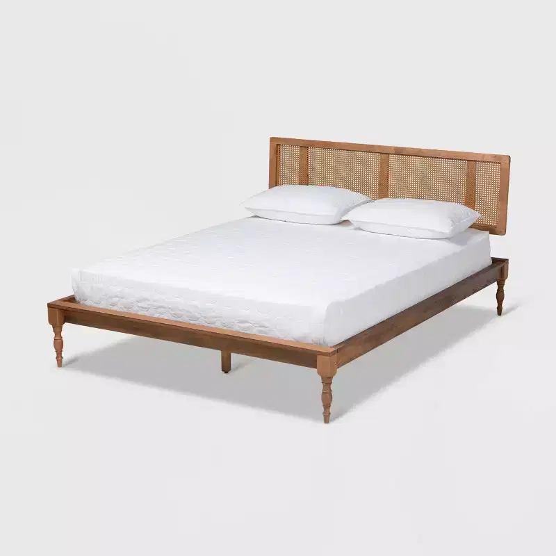 Wood Platform Bed Ash Walnut with Woven Rattan Headboard