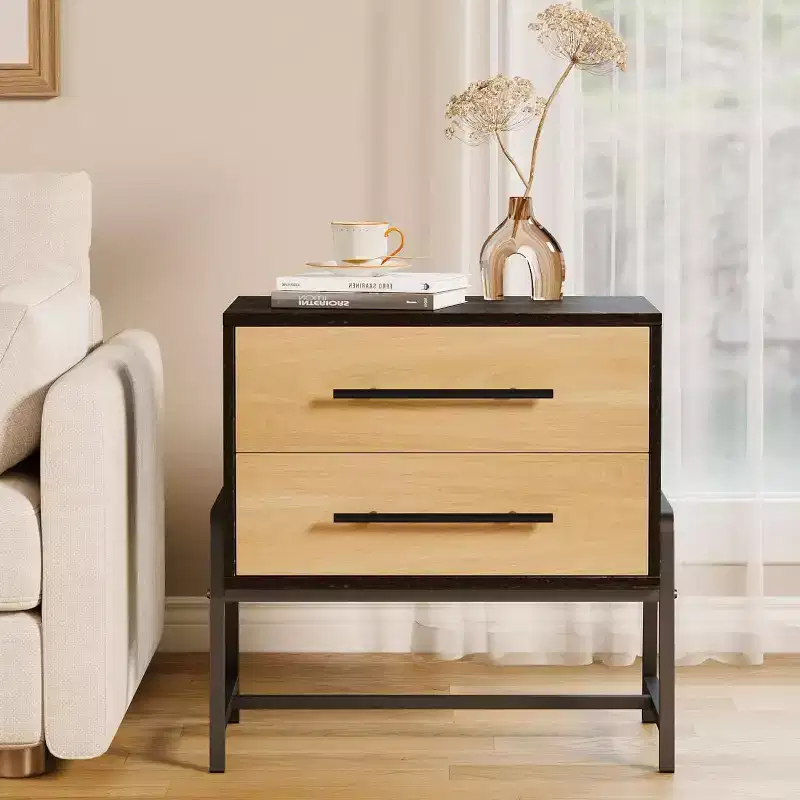 DobleePy 24 Dark Brown Farmhouse Nightstand, 2-Drawer Light Wood Side Table with Metal Legs, Bedroom Living Room Bedside Table