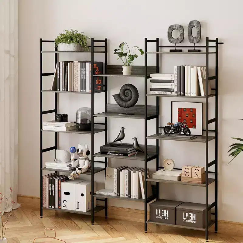 Five-tier bookshelf, vintage storage rack with open shelves and metal frame, suitable for living room, home office