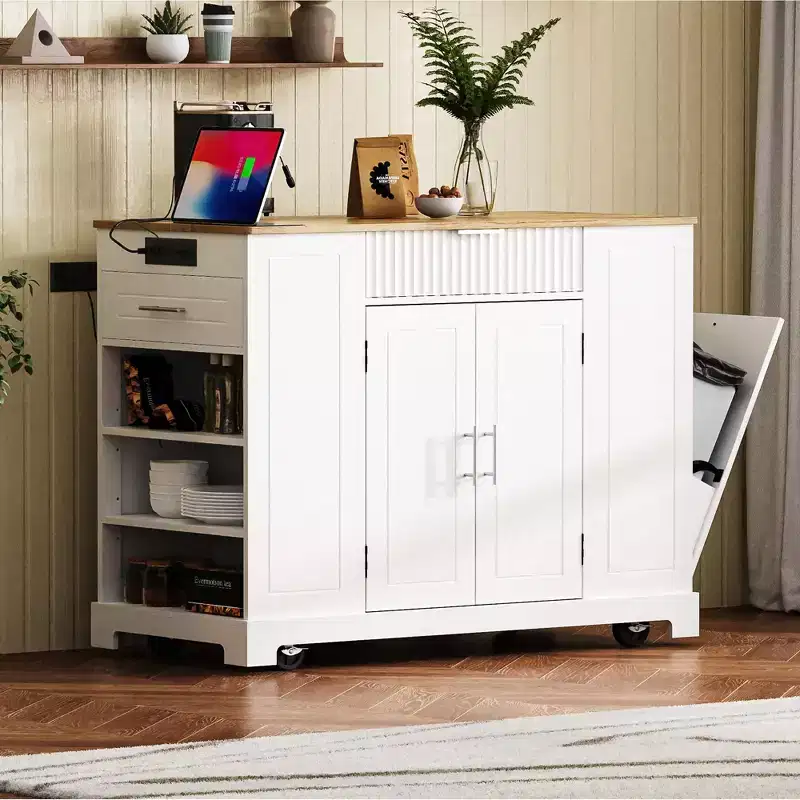 Whisen Classic Style Kitchen Islands on 5 Wheels with 3 Drawer and 3 Open Side Racks